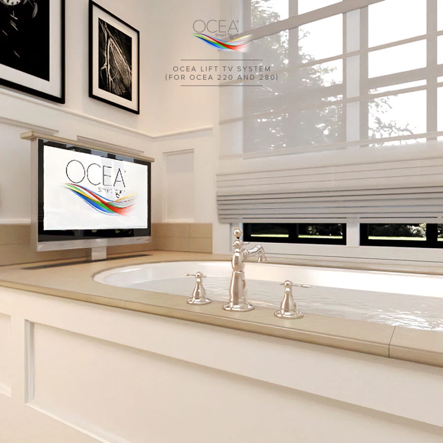 Elegant Bathroom TV in Sengkang with Ocea Pro Lift System, enhancing luxury and convenience.