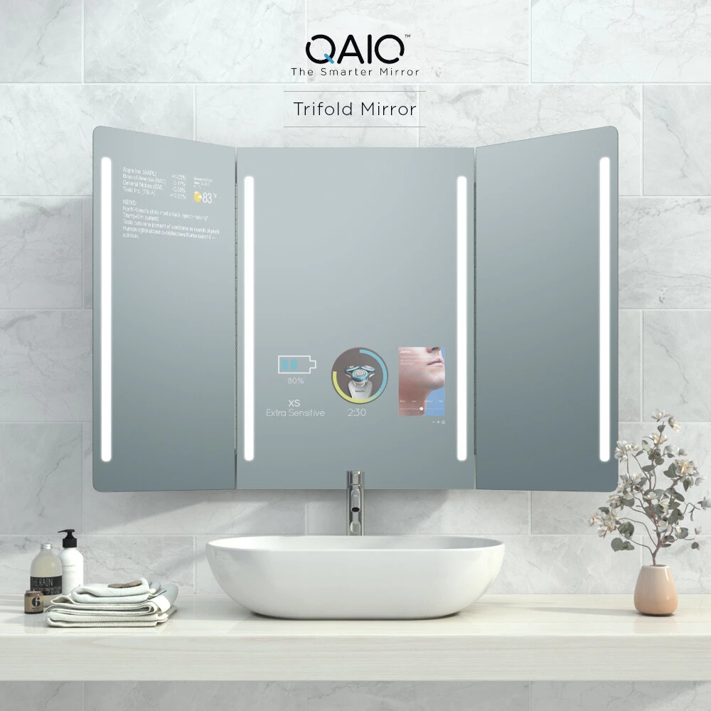 Choa Chu Kang QAIO Trifold Smart Mirror TV with two central LED strips and two side frame strips.