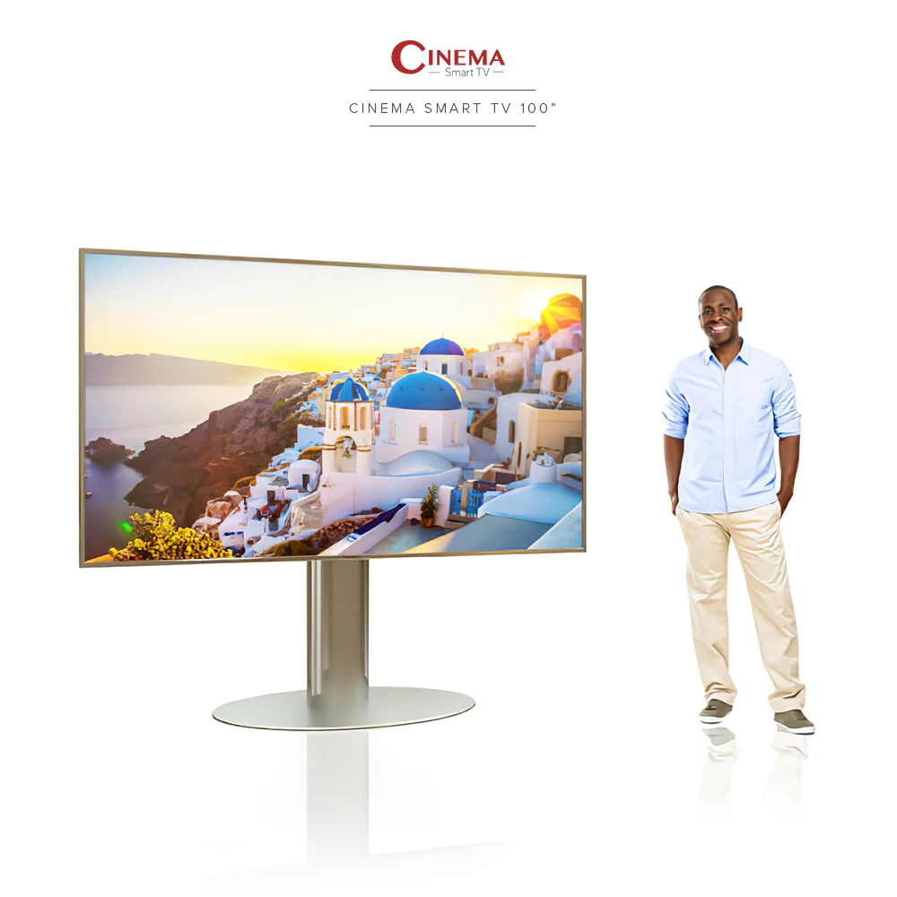 In Choa Chu Kang, a single circular floor stand showcases a 100-inch Cinema Smart TV display.