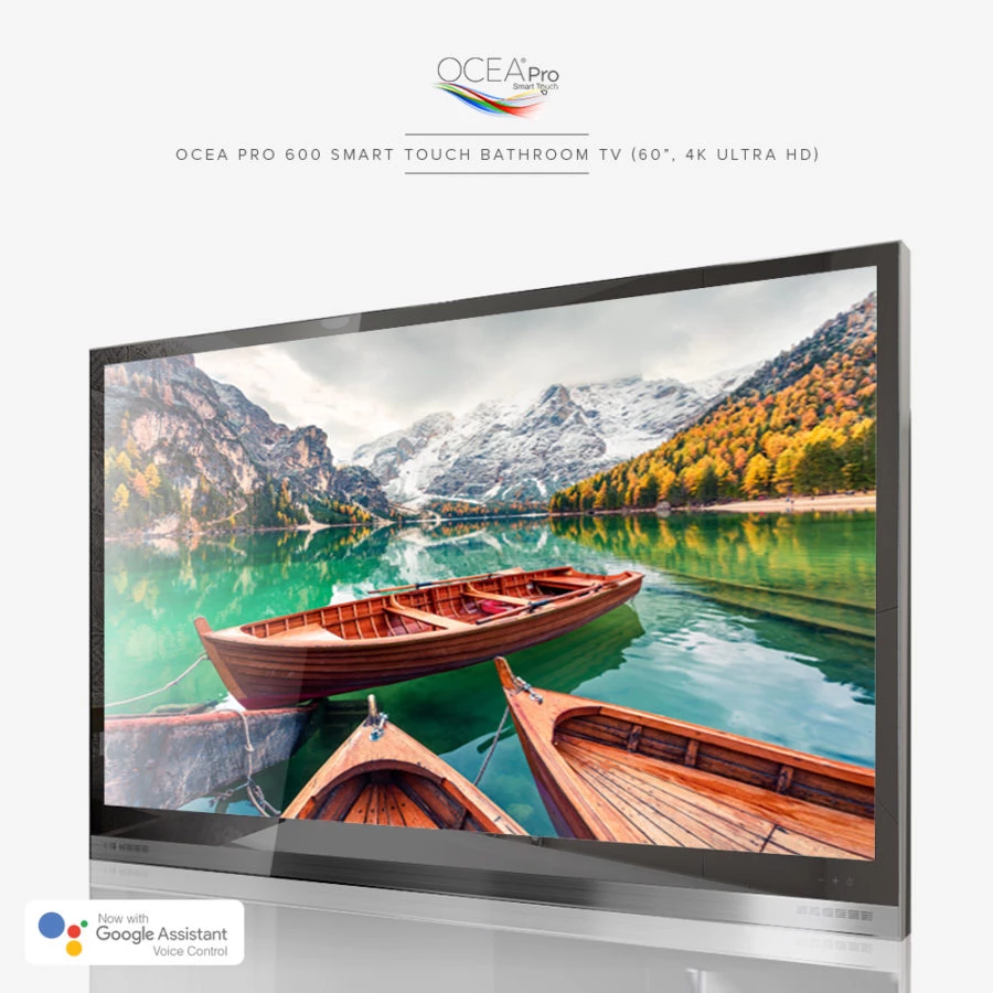 A sophisticated 60-inch Ocea Pro 600 Smart Touch Bathroom TV with 4K Ultra HD, in Yishun.