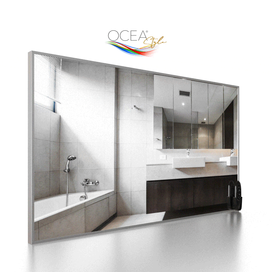 The latest bathroom trend with this vanishing mirror TV in ash gray aluminum frame.