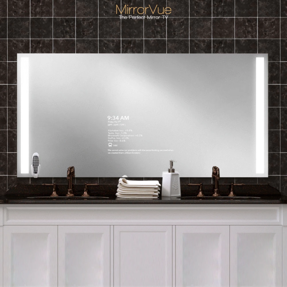 Sleek double sink bathroom in Yishun with a MirrorVue Mirror TV and LED accents.