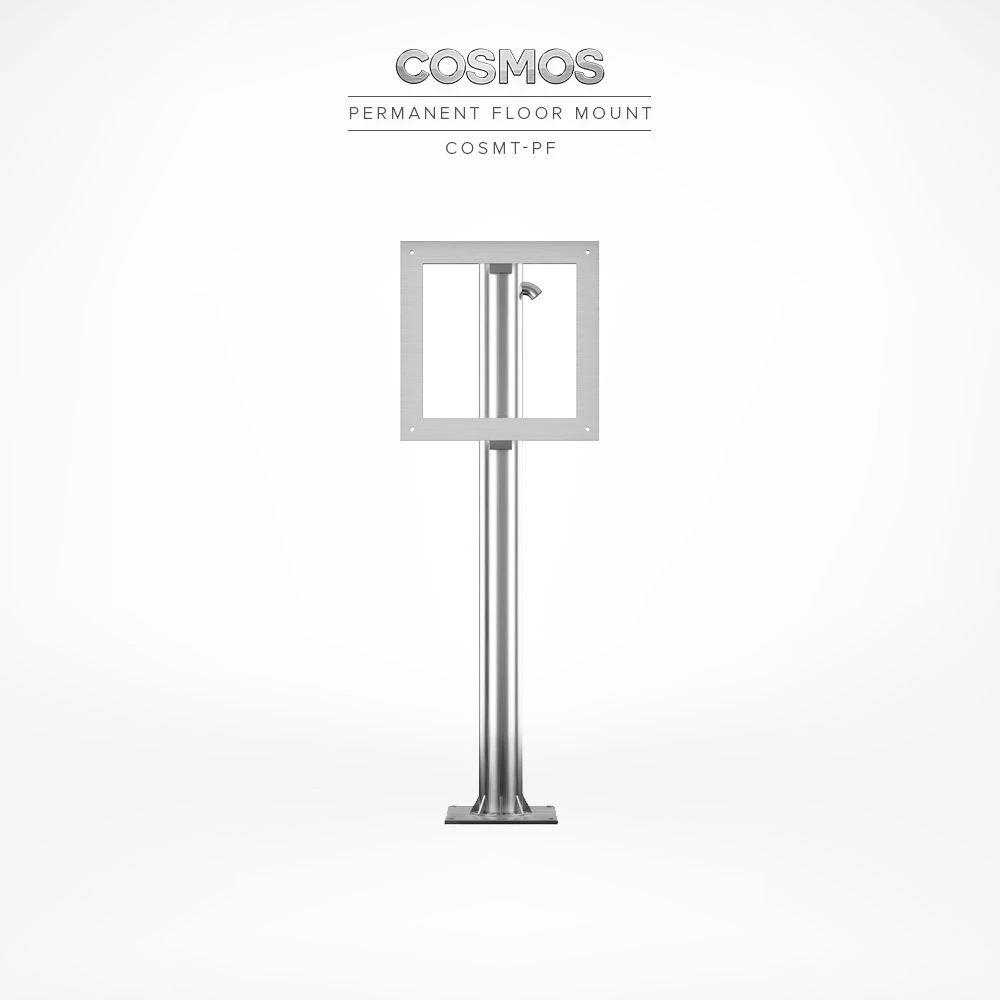 Permanent floor mount for Cosmos Outdoor TV in stainless steel showcased in an Ottawa setting.