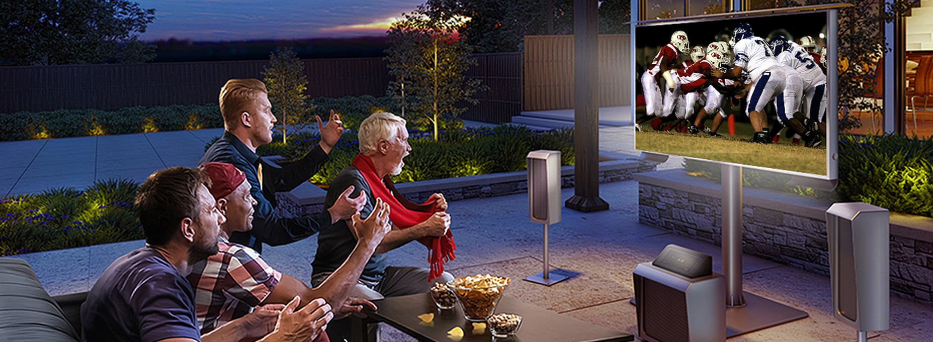 Outdoor entertainment setup for watching sports and movies with friends. 