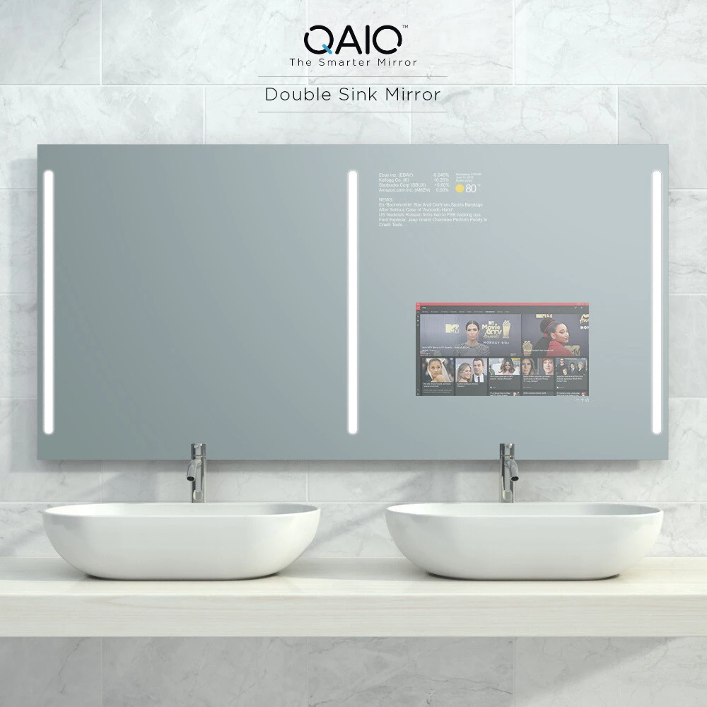 QAIO Double Sink Smart Mirror TV with three LED strips, made for stylish bathrooms in Sengkang.