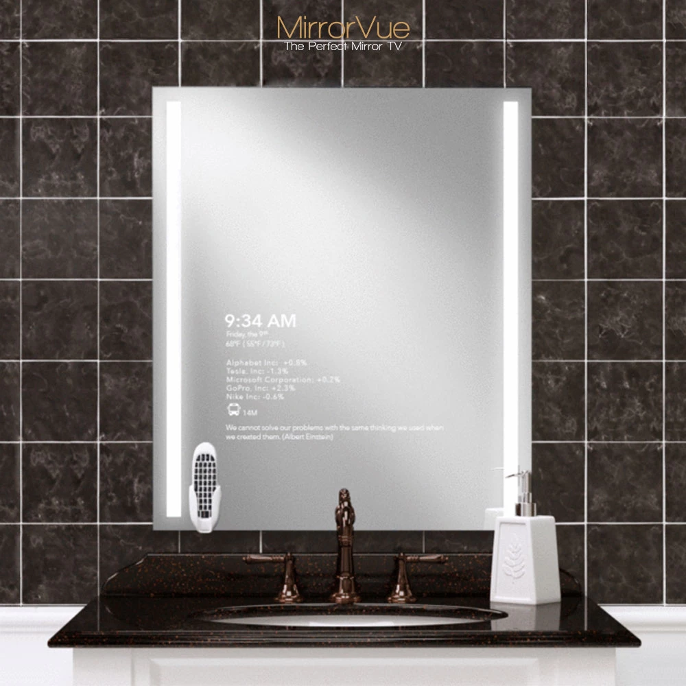 The MirrorVue Mirror TV in Singapore blends elegance with practical use, showing time and stock info.