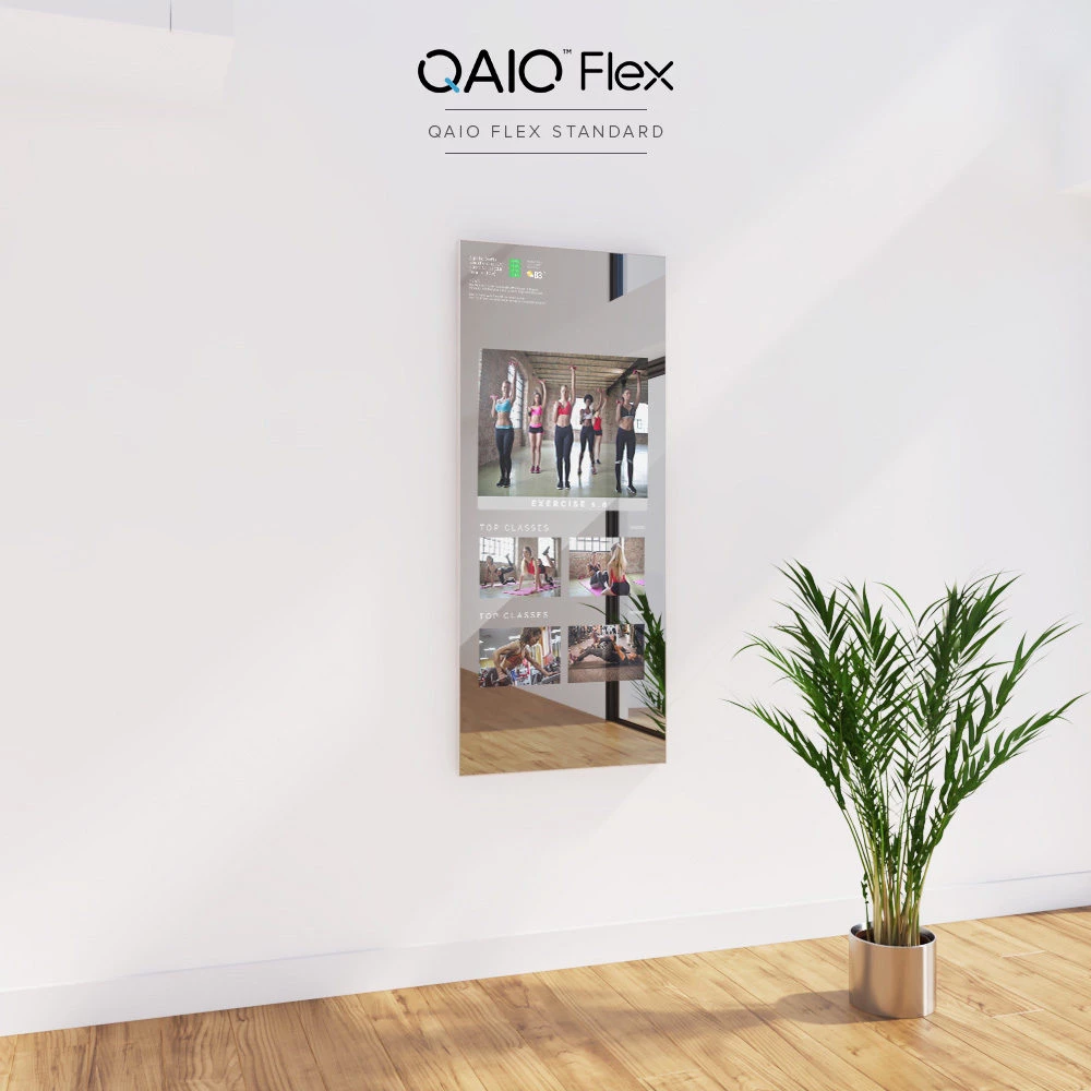 Sleek QAIO Flex Fitness Mirror Standard, showcased in a minimalist background in Singapore.