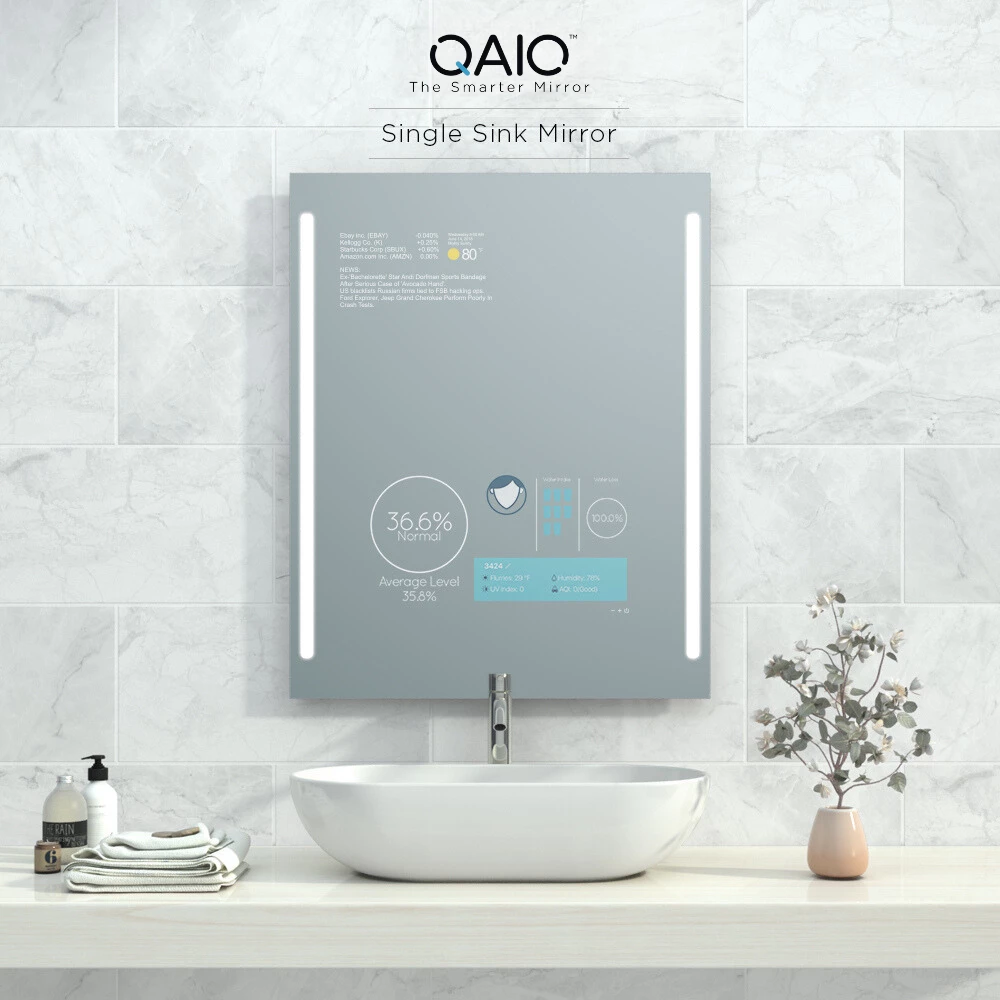 Modern QAIO Single Sink Smart Mirror TV with dual LED lighting, enhancing bathrooms in Singapore.