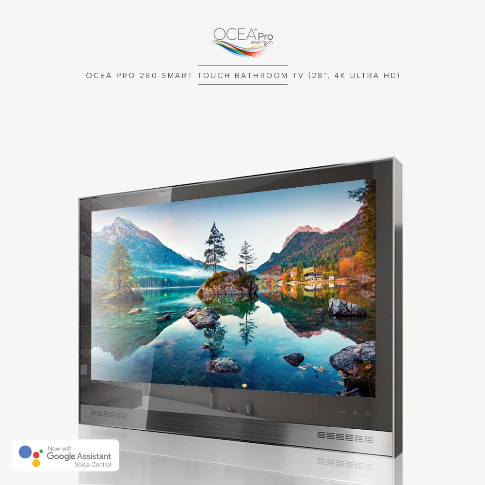 In Jurong West, a modern Bathroom TV features a 28-inch Ocea Pro 280 Smart Touch TV with 4K Ultra HD.