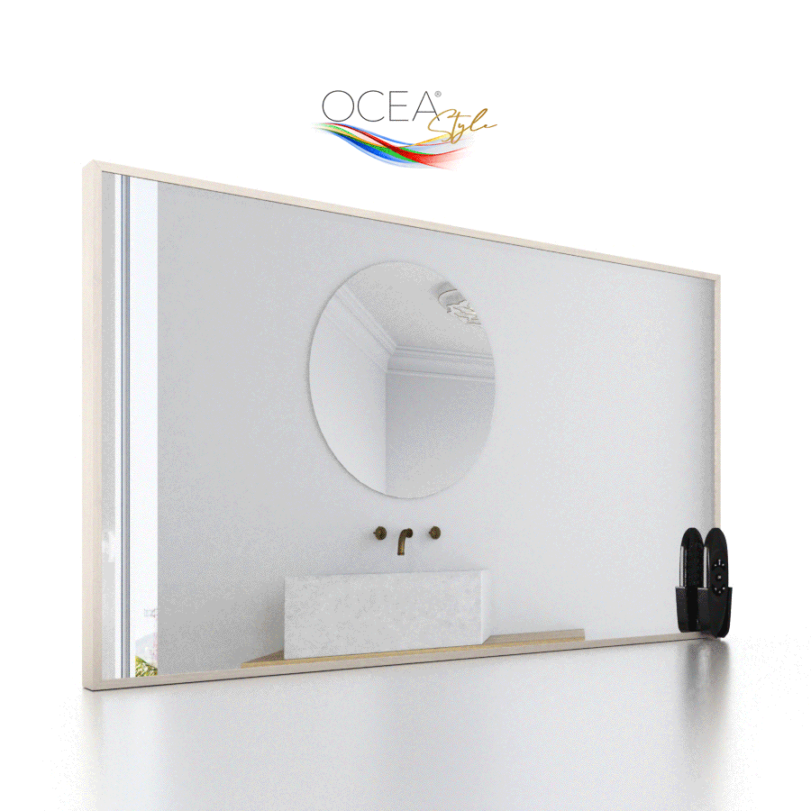 White oak frame for a vanishing mirror TV is a perfect addition to your bathroom decor.