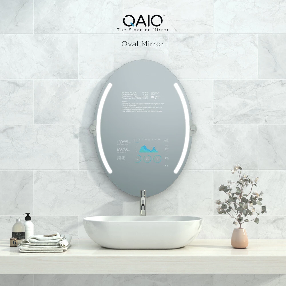 QAIO Oval Smart Mirror TV with dual arched LED strips made for a stylish bathroom in Yishun.