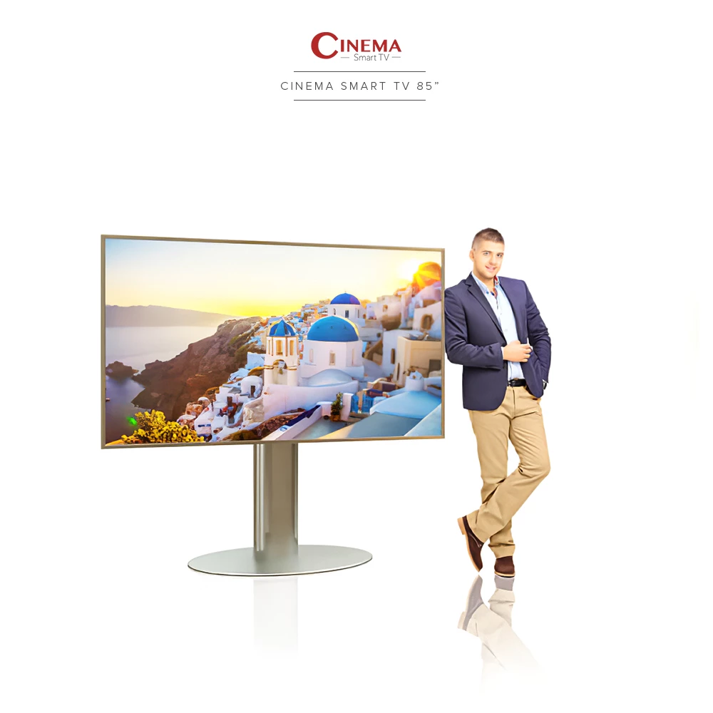 A single oval floor stand displaying an 85-inch Cinema Smart TV in Yishun.